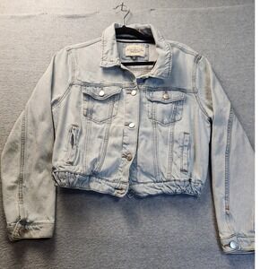 Ashley Vintage Charm Light Wash Cropped Denim Jacket Elastic Hem Blue Medium